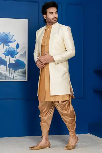 Gold jacquard blend indo western and dhoti set for men with embroidered work