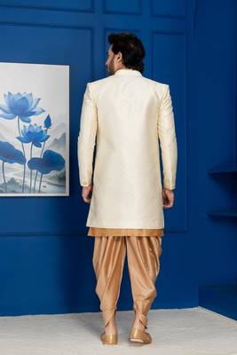 Gold jacquard blend indo western and dhoti set for men with embroidered work 4