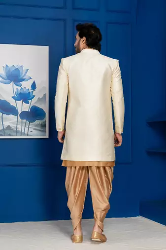 Gold jacquard blend indo western and dhoti set for men with embroidered work