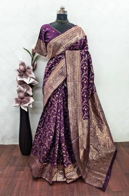 Wine art silk blend banarasi jacuard work saree with unstitched blouse piece 6