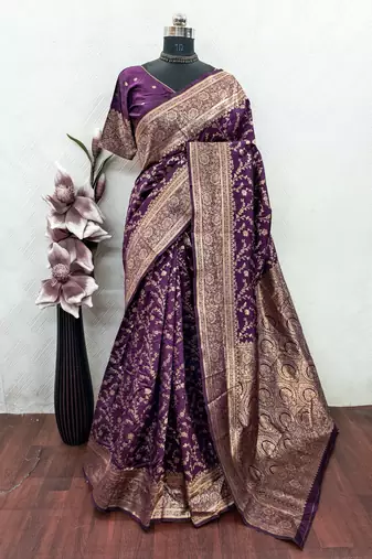 Wine art silk blend banarasi jacuard work saree with unstitched blouse piece