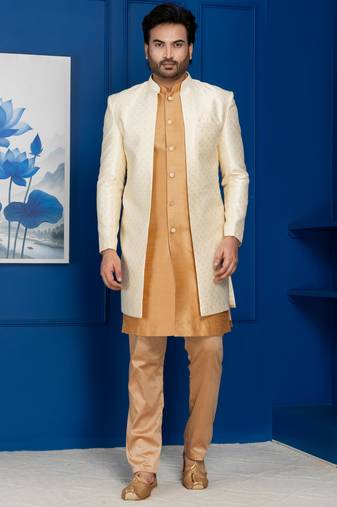 Gold jacquard blend indo western and chikoo pyjama set for men with embroidered work