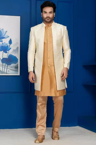 Gold jacquard blend indo western and chikoo pyjama set for men with embroidered work
