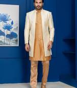 Gold jacquard blend indo western and chikoo pyjama set for men with embroidered work