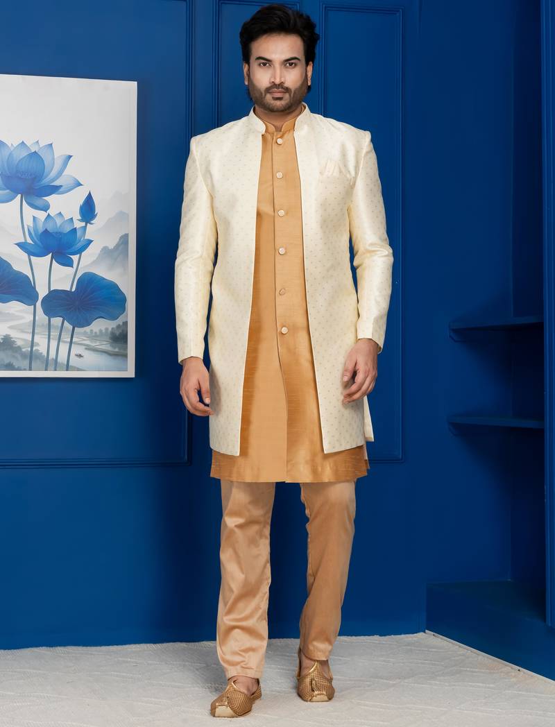 Gold jacquard blend indo western and chikoo pyjama set for men with embroidered work