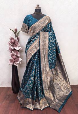 Turuoise art silk blend banarasi jacuard work saree with unstitched blouse piece 6