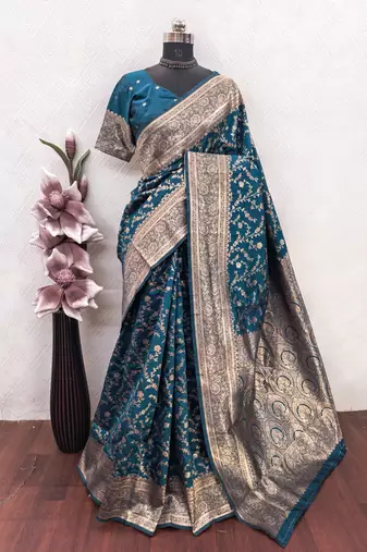Turuoise art silk blend banarasi jacuard work saree with unstitched blouse piece