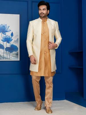 Gold jacquard blend indo western and chikoo pyjama set for men with embroidered work 2