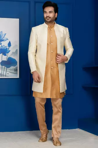 Gold jacquard blend indo western and chikoo pyjama set for men with embroidered work
