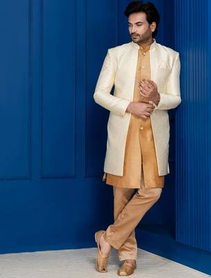 Gold jacquard blend indo western and chikoo pyjama set for men with embroidered work 3