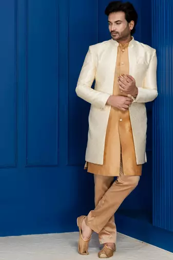 Gold jacquard blend indo western and chikoo pyjama set for men with embroidered work