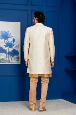 Gold jacquard blend indo western and chikoo pyjama set for men with embroidered work 4