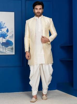 Gold jacquard blend indo western and white kurta dhoti set for men with embroidered work 1