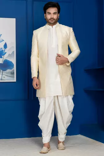 Gold jacquard blend indo western and white kurta dhoti set for men with embroidered work