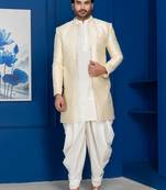 Gold jacquard blend indo western and white kurta dhoti set for men with embroidered work