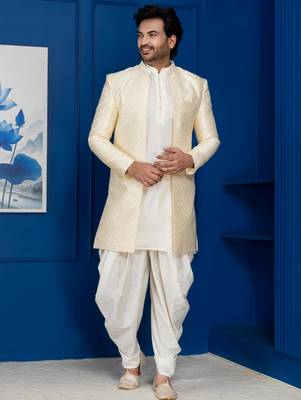 Gold jacquard blend indo western and white kurta dhoti set for men with embroidered work 2