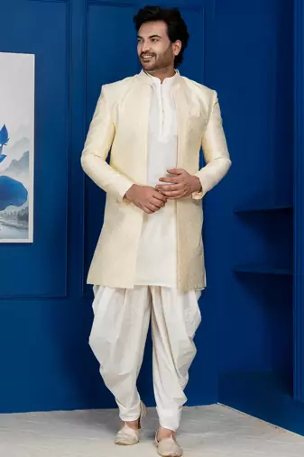 Gold jacquard blend indo western and white kurta dhoti set for men with embroidered work