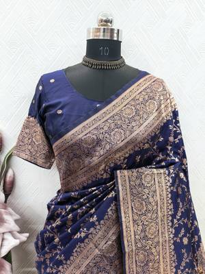 Blue art silk blend banarasi jacuard work saree with unstitched blouse piece 7