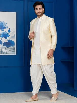 Gold jacquard blend indo western and white kurta dhoti set for men with embroidered work 3