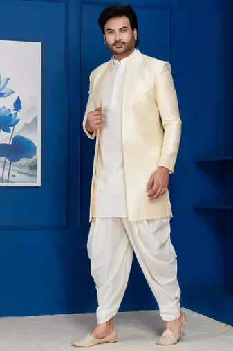 Gold jacquard blend indo western and white kurta dhoti set for men with embroidered work