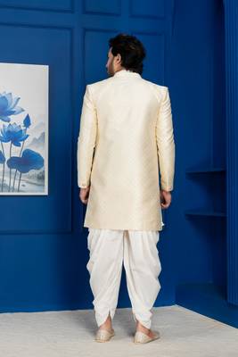 Gold jacquard blend indo western and white kurta dhoti set for men with embroidered work 4