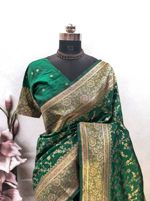 Green art silk blend banarasi jacuard work saree with unstitched blouse piece 7