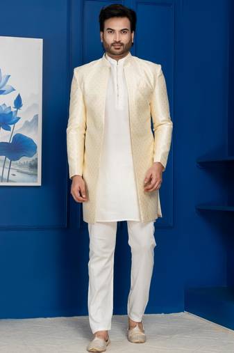 Gold jacquard blend indo western and white kurta pyjama set for men with embroidered work