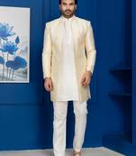 Gold jacquard blend indo western and white kurta pyjama set for men with embroidered work