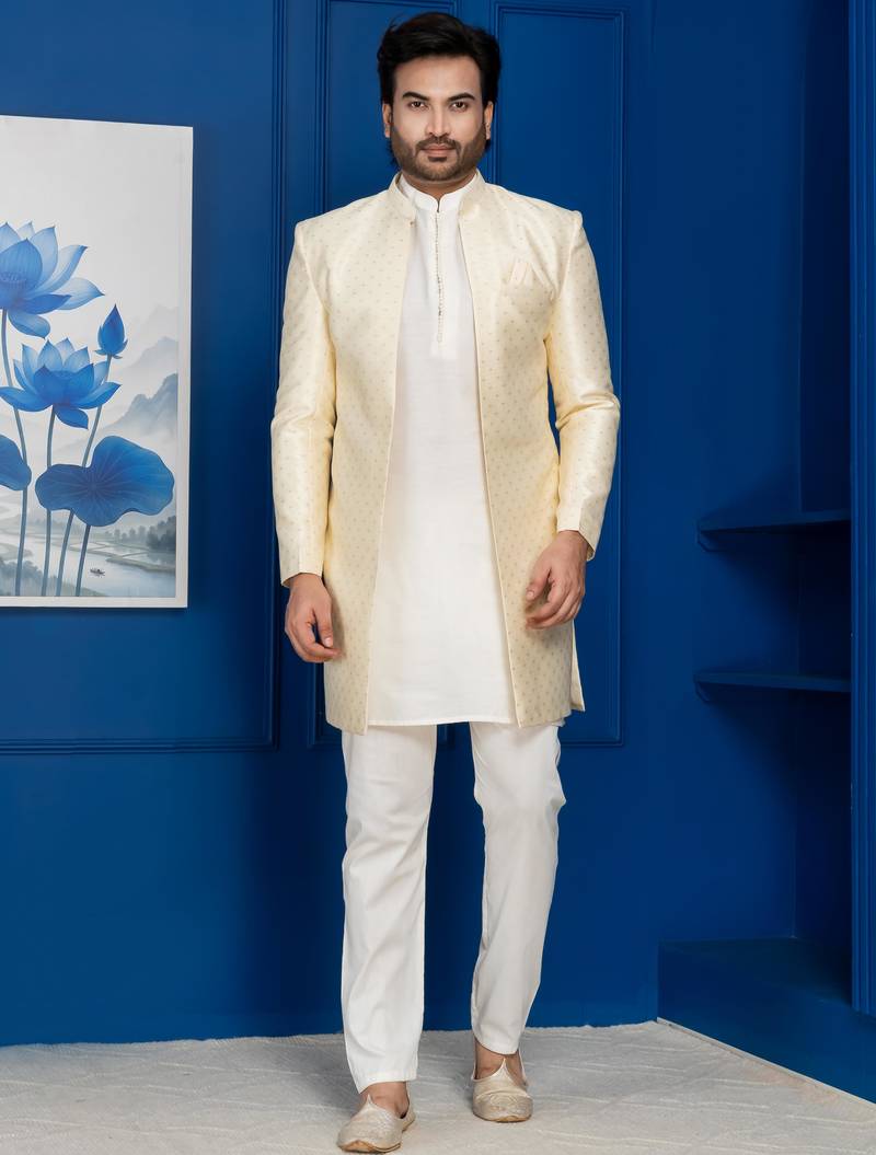 Gold jacquard blend indo western and white kurta pyjama set for men with embroidered work