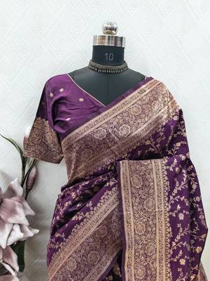 Wine art silk blend banarasi jacuard work saree with unstitched blouse piece 7