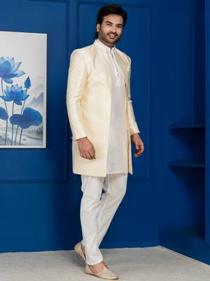 Gold jacquard blend indo western and white kurta pyjama set for men with embroidered work 2