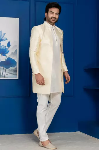 Gold jacquard blend indo western and white kurta pyjama set for men with embroidered work