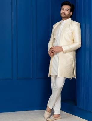 Gold jacquard blend indo western and white kurta pyjama set for men with embroidered work 3