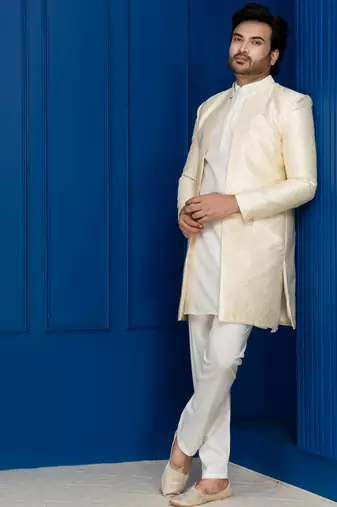 Gold jacquard blend indo western and white kurta pyjama set for men with embroidered work