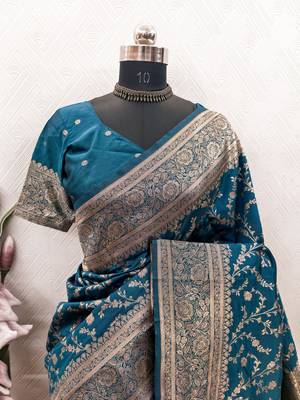 Turuoise art silk blend banarasi jacuard work saree with unstitched blouse piece 7