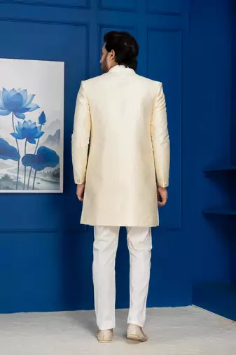 Gold jacquard blend indo western and white kurta pyjama set for men with embroidered work