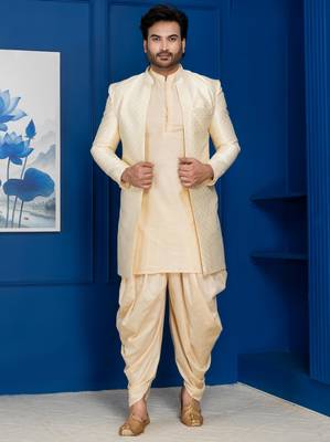 Gold jacquard blend indo western and golden kurta dhoti set for men with embroidered work 1