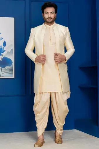 Gold jacquard blend indo western and golden kurta dhoti set for men with embroidered work