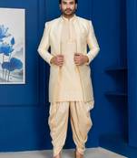 Gold jacquard blend indo western and golden kurta dhoti set for men with embroidered work