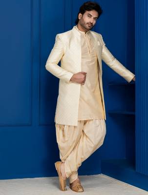 Gold jacquard blend indo western and golden kurta dhoti set for men with embroidered work 2