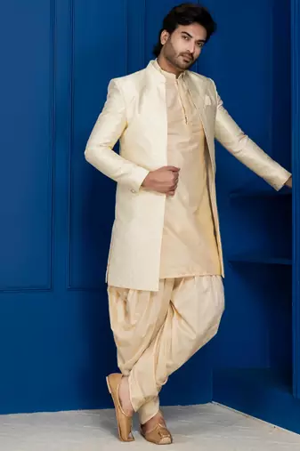 Gold jacquard blend indo western and golden kurta dhoti set for men with embroidered work