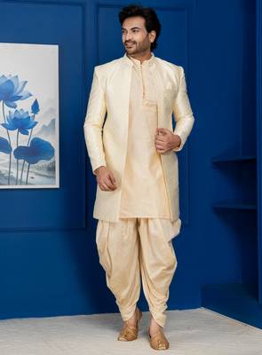Gold jacquard blend indo western and golden kurta dhoti set for men with embroidered work 3
