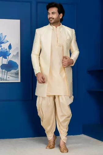 Gold jacquard blend indo western and golden kurta dhoti set for men with embroidered work