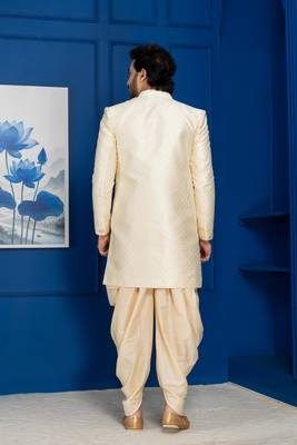 Gold jacquard blend indo western and golden kurta dhoti set for men with embroidered work 4