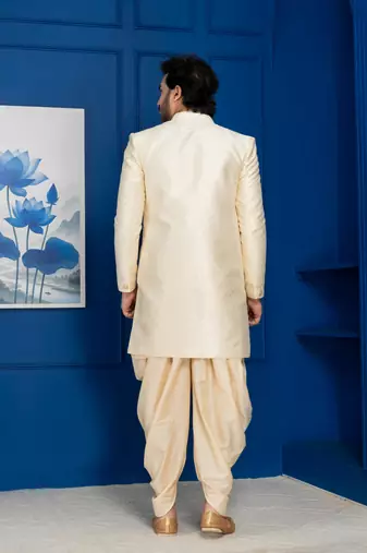 Gold jacquard blend indo western and golden kurta dhoti set for men with embroidered work