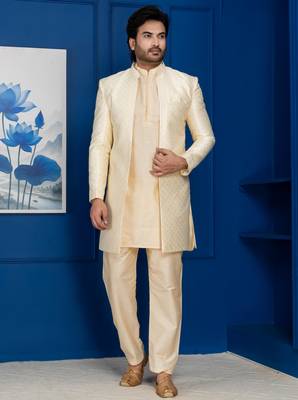 Gold jacquard blend indo western and golden kurta pyjama set for men with embroidered work 1
