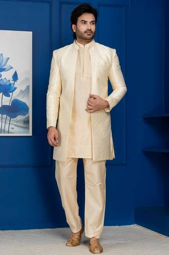 Gold jacquard blend indo western and golden kurta pyjama set for men with  embroidered work
