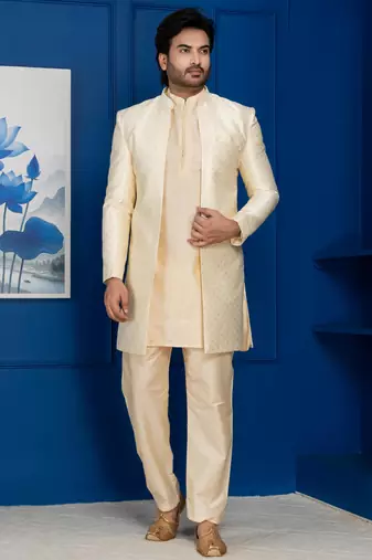 Gold jacquard blend indo western and golden kurta pyjama set for men with embroidered work