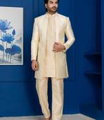 Gold jacquard blend indo western and golden kurta pyjama set for men with embroidered work