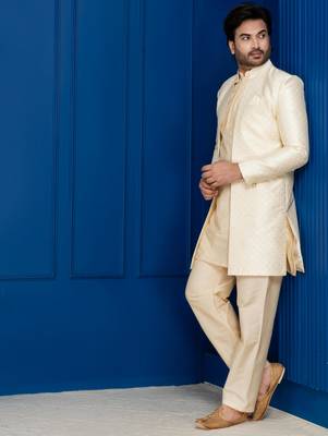 Gold jacquard blend indo western and golden kurta pyjama set for men with embroidered work 2
